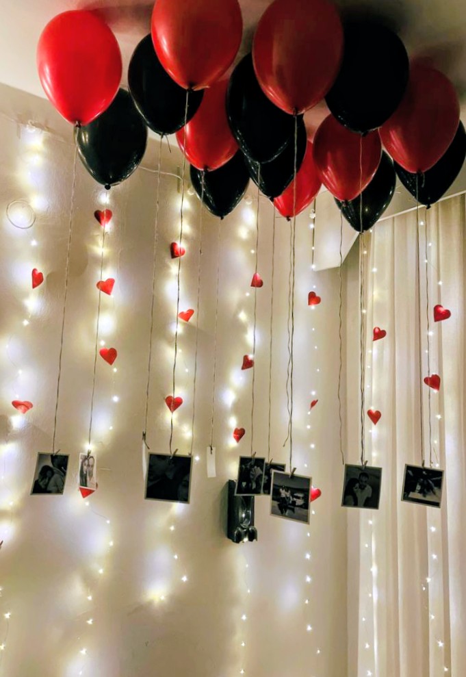 Red & Black Ceiling with Fairy Lights & Photo Strings