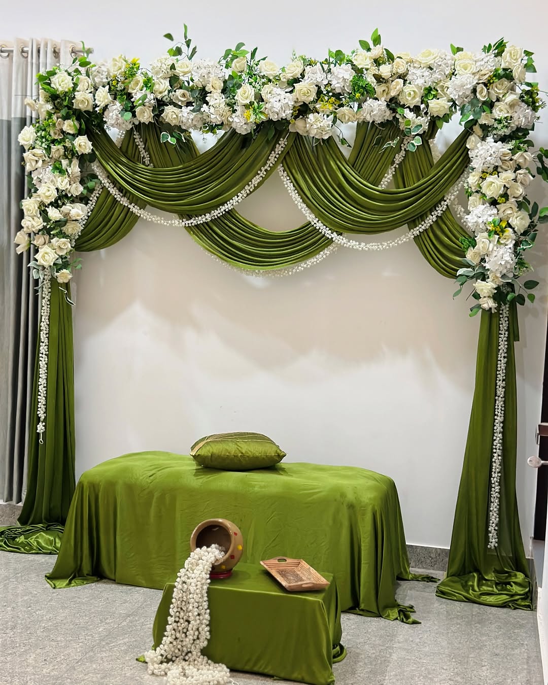 Olive Swag White Rose Mehendi Arch
