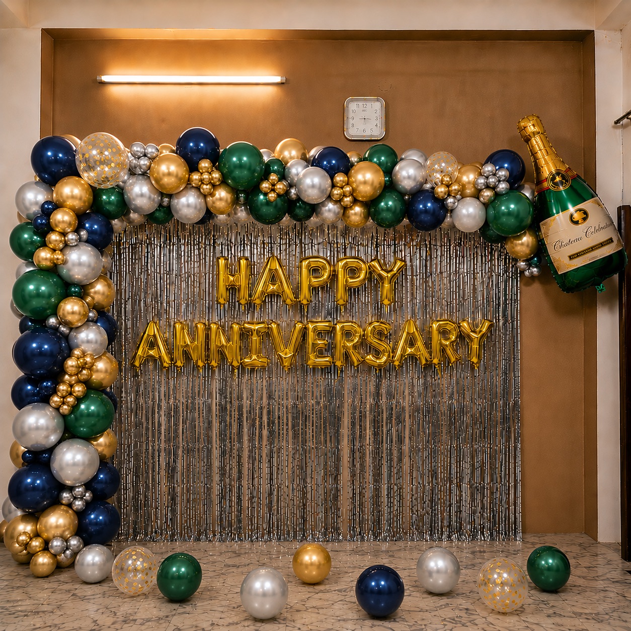 Navy, Emerald & Gold Champagne Anniversary Arch