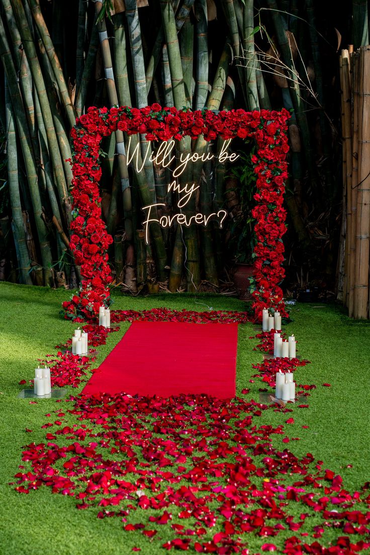 Red Rose Frame Arch with 'Will You Be My Forever?' Neon