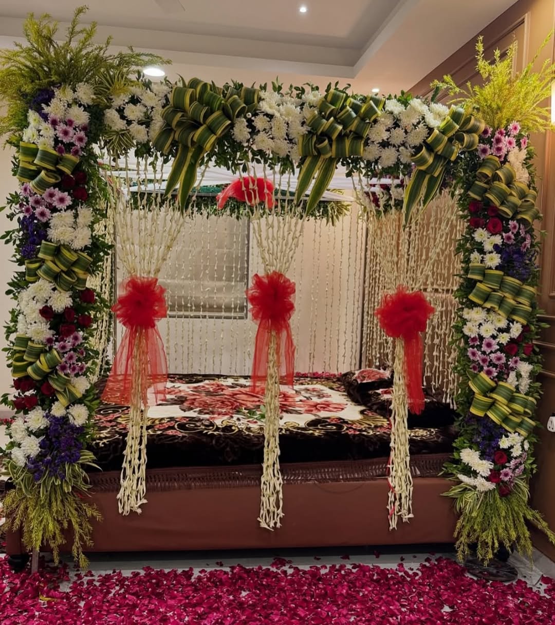 Golden Night Fresh Flower Mandap Bed Decoration