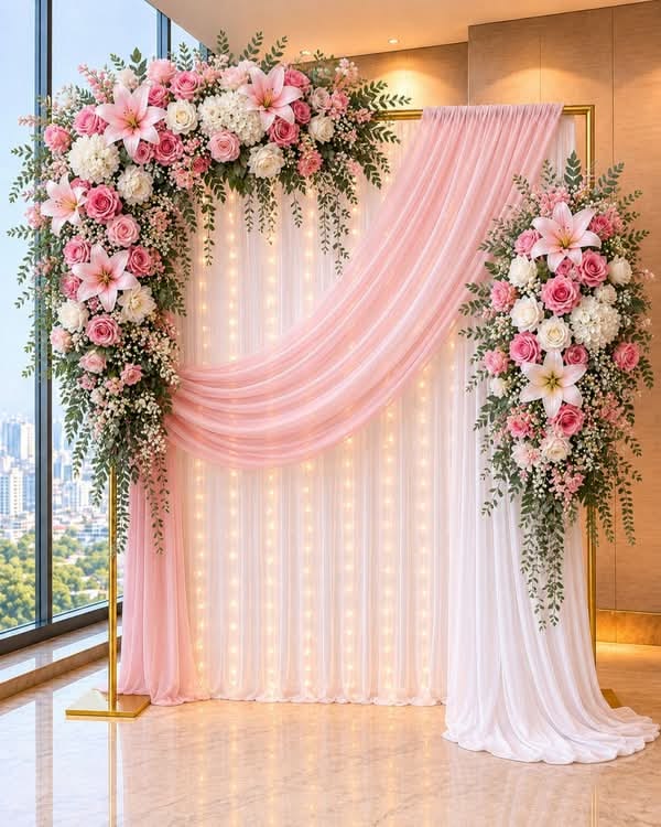 Pink Lily Drape Corner Engagement Backdrop