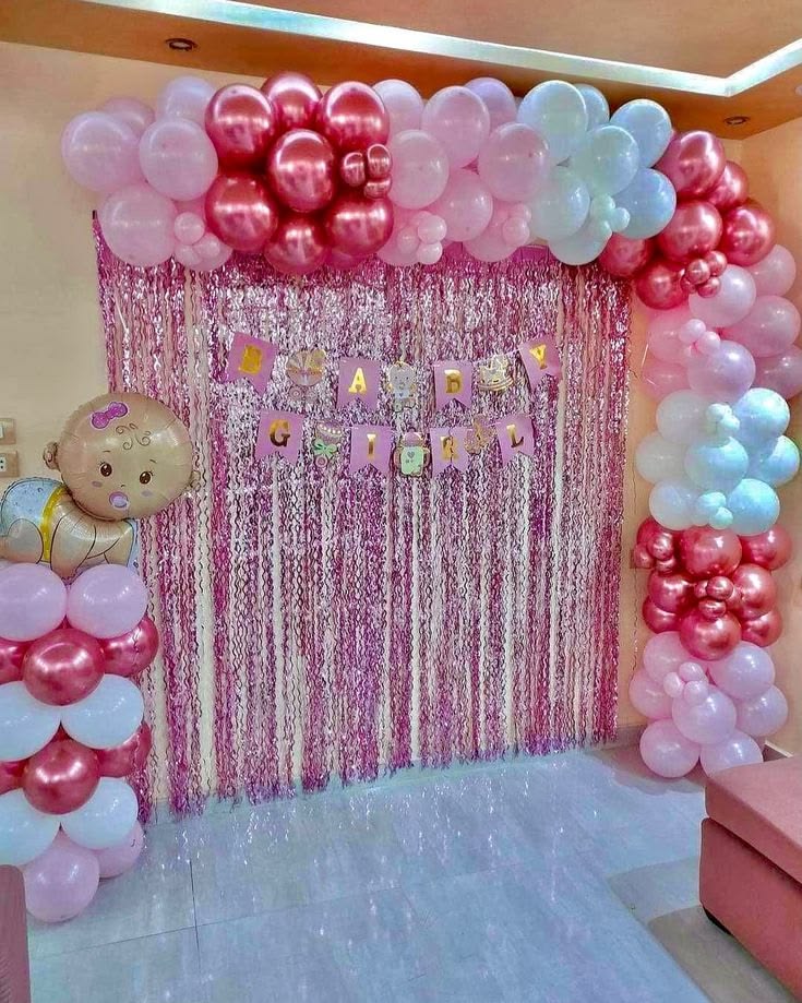 Pink Foil Curtain 'Baby Girl' Backdrop