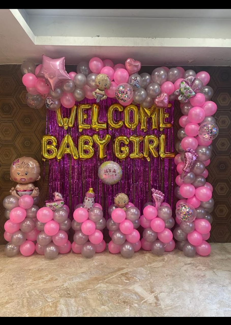 Pink & Silver Fringe 'Welcome Baby Girl' Backdrop
