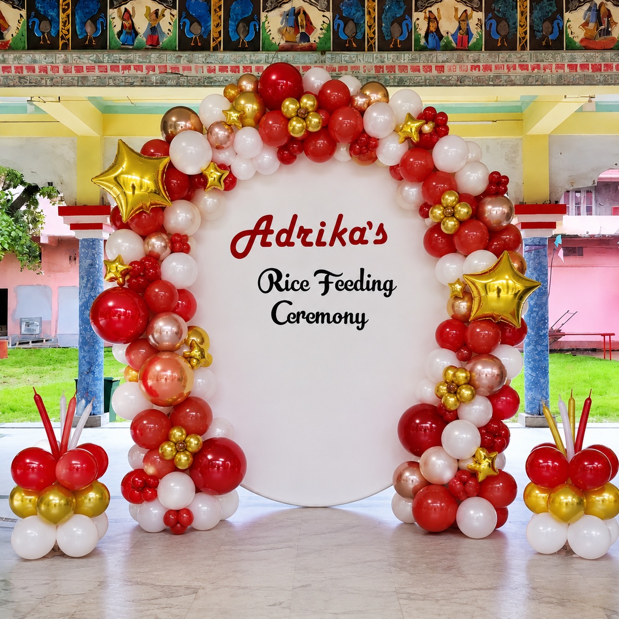 Traditional Red, White & Gold 'Rice Feeding' Arch