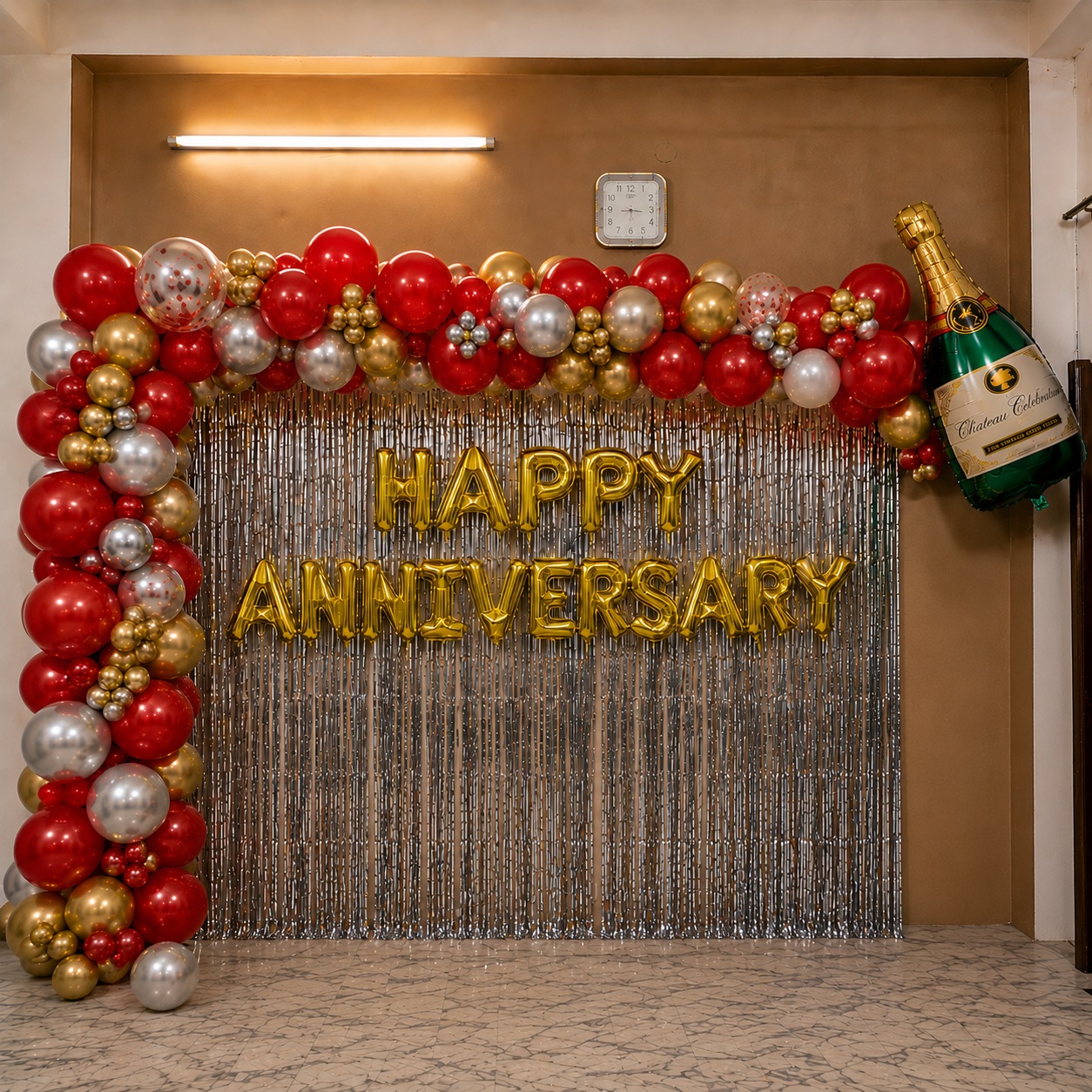 Red, Gold & Silver Arch with Champagne Foil