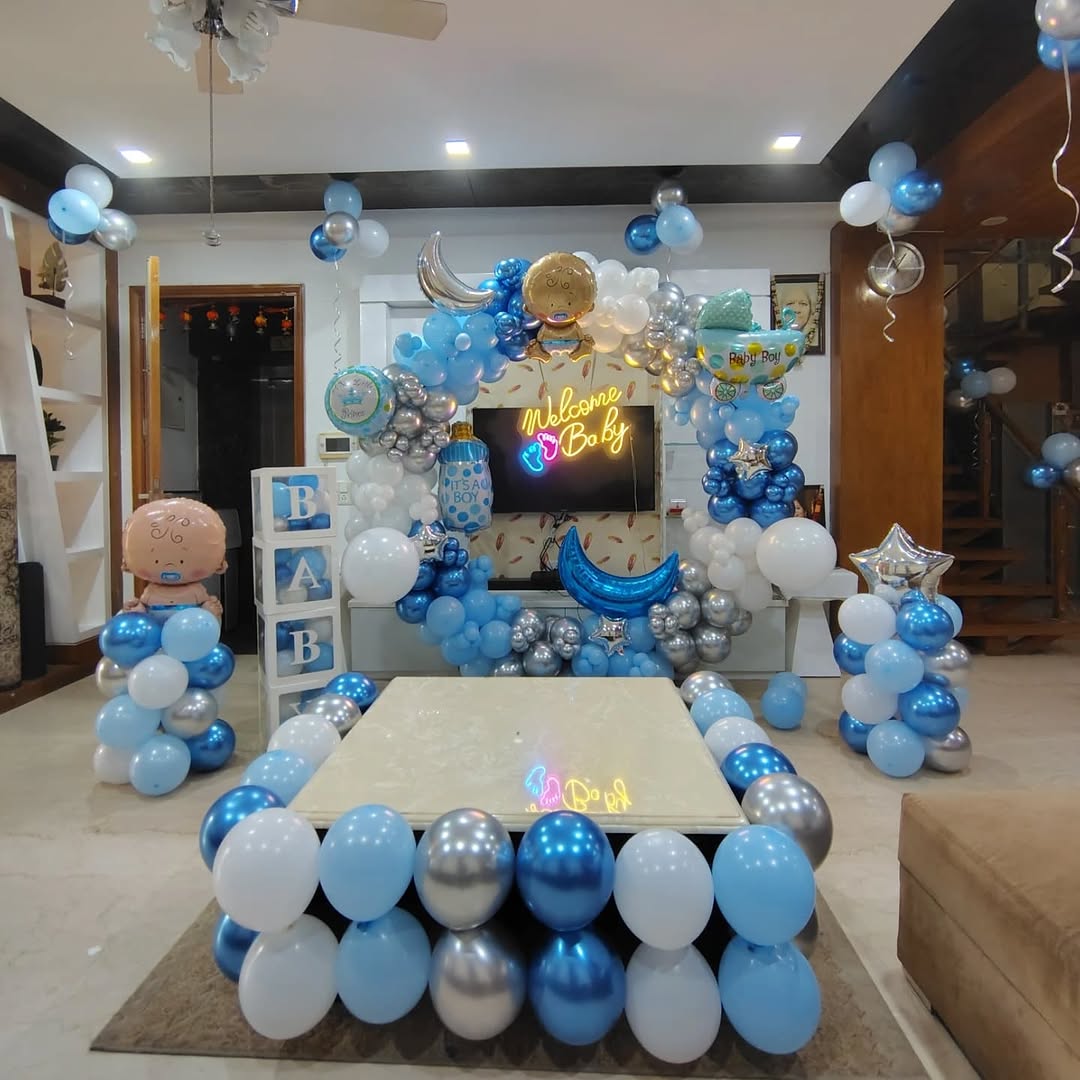 Blue 'Welcome Baby' Neon Hall Setup with BABY Blocks