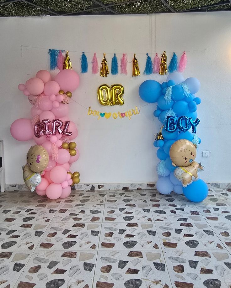 Twin 'Girl' & 'Boy' Balloon Columns with Tassel Bunting