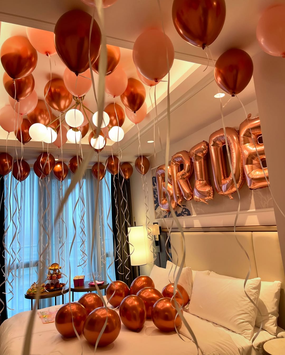 Rose Gold Ceiling 'BRIDE' Hotel Room Surprise