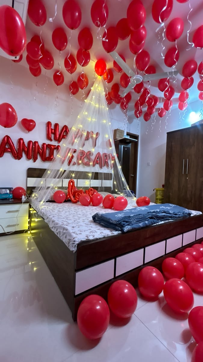 Red Ceiling Canopy with LOVE Foil Bedroom Surprise