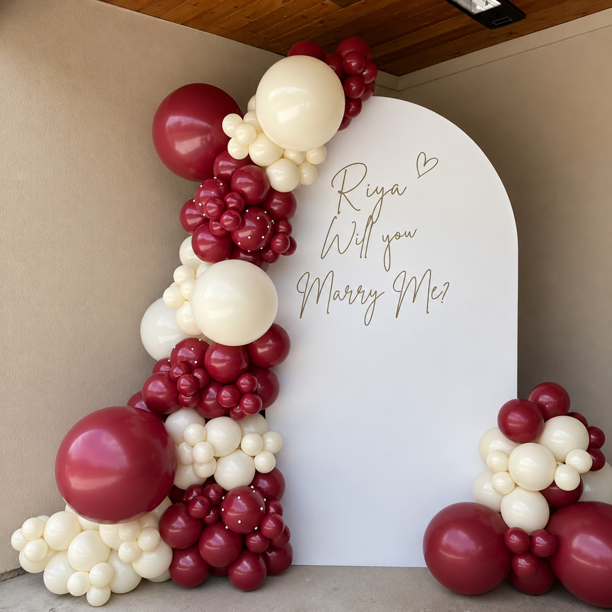 Burgundy & Cream Balloon Arch with Personalised Name Board
