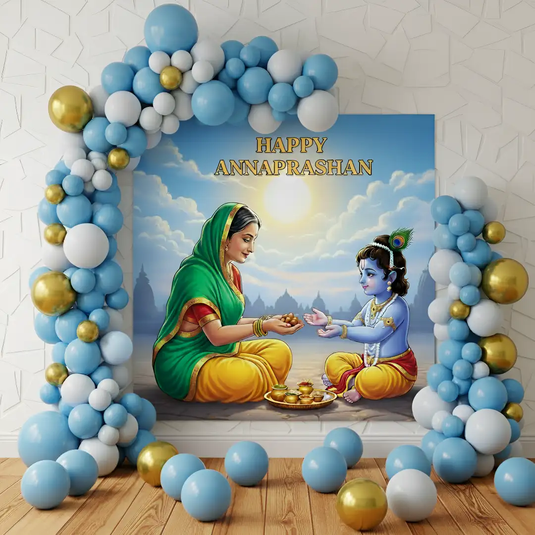 'Happy Annaprashan' Krishna Blue & Gold Frame Setup