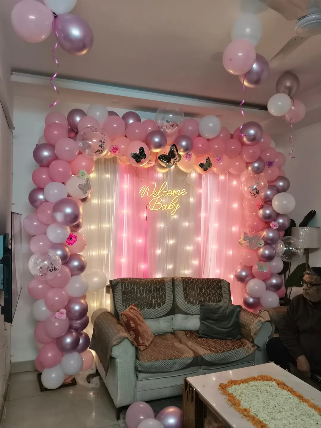 Pink Butterfly 'Welcome Baby' Neon Curtain Arch