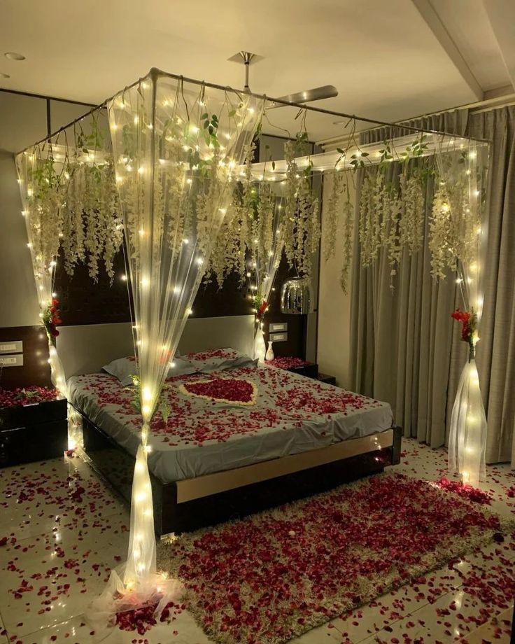 Just Married White Flower & Fairy Light Canopy