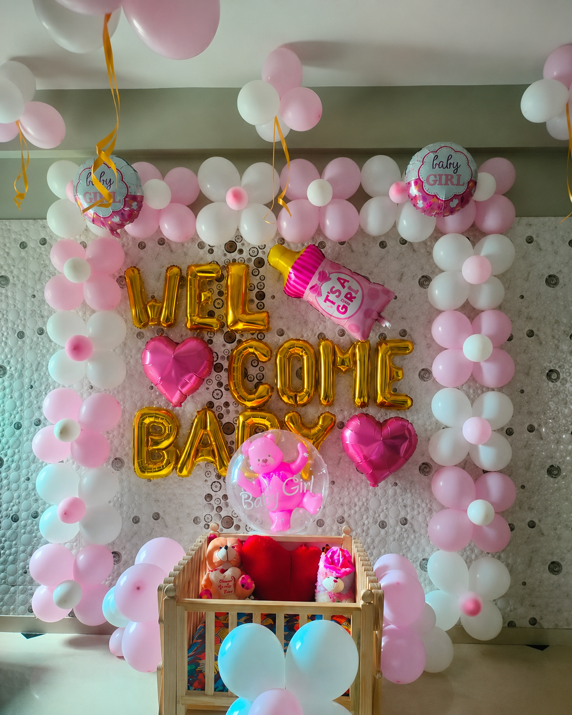 Gold 'Welcome Baby' Pink Flower Balloon Frame