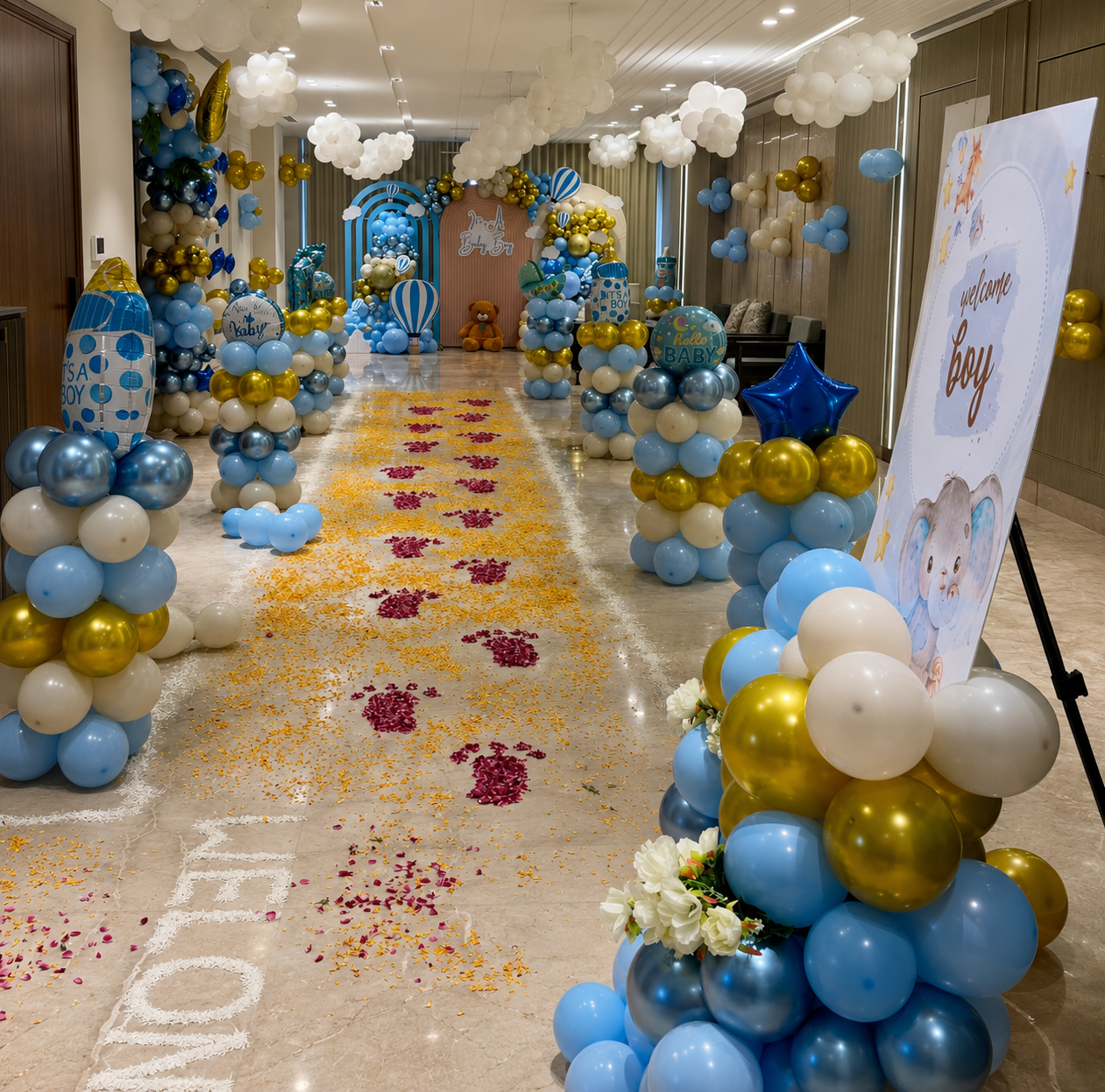 Grand Blue & Gold Welcome Baby Boy Hallway Experience