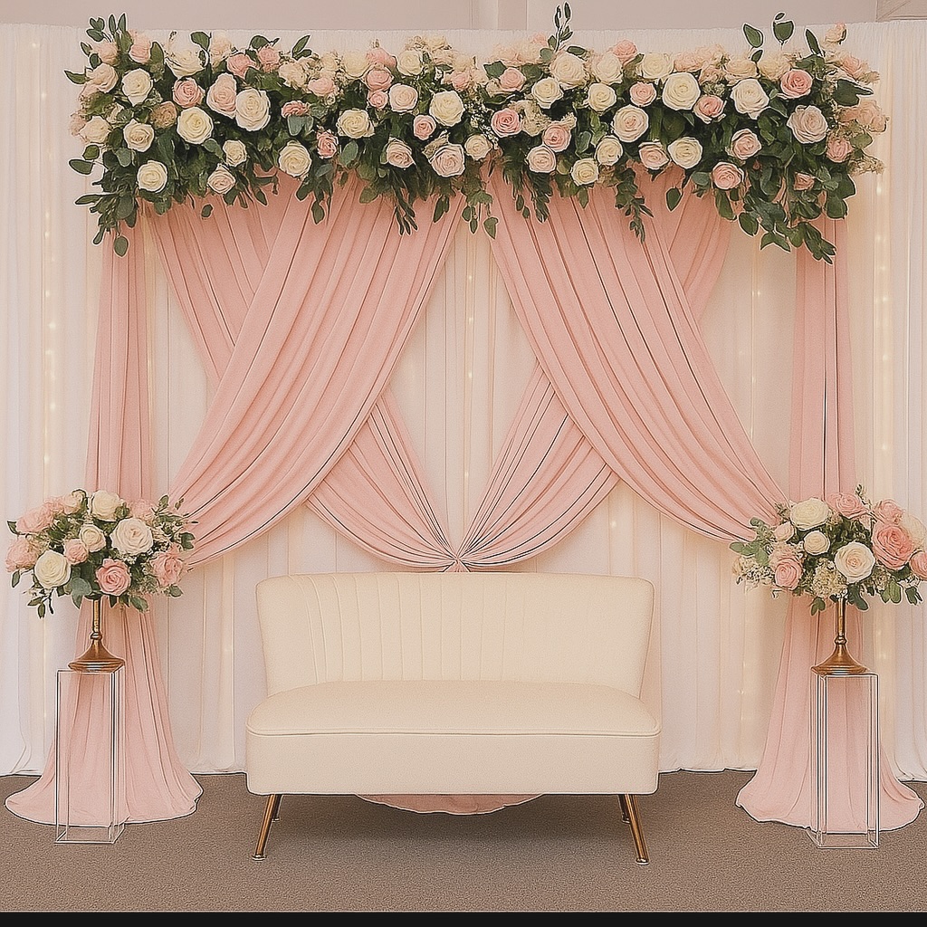 Blush Cross Drape Rose Canopy Engagement Stage