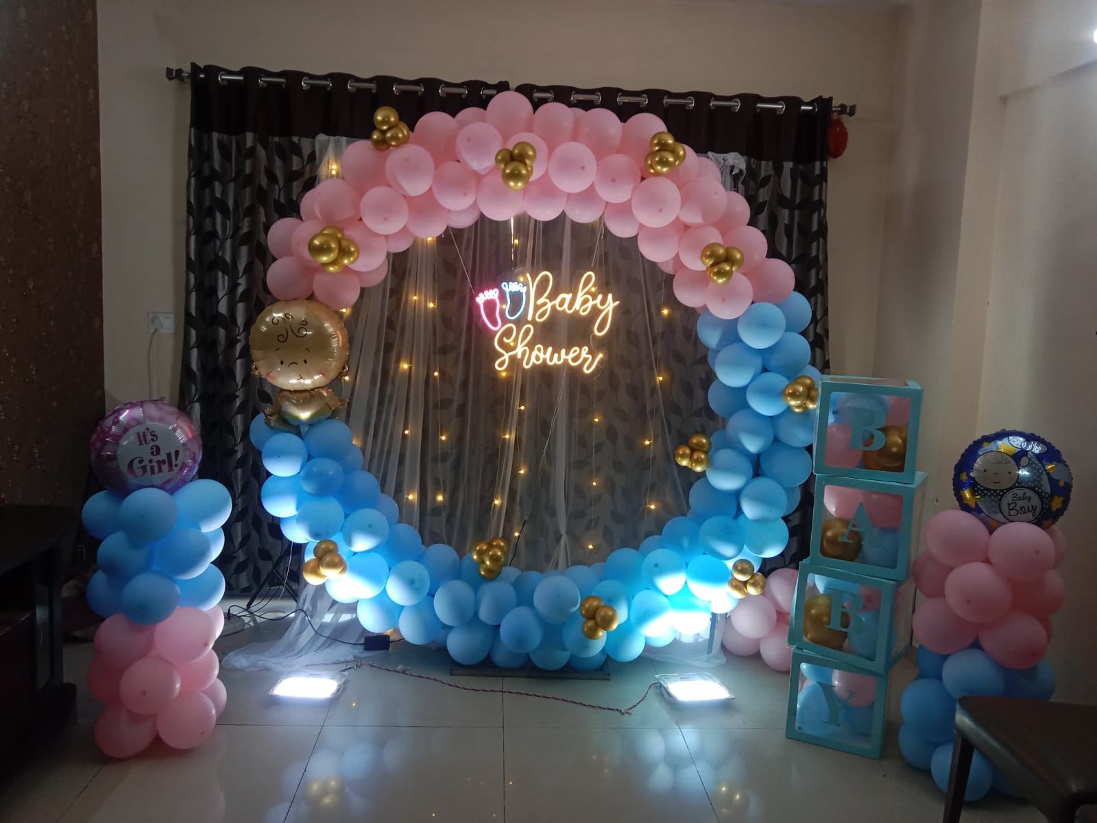 Pink & Blue Ring Baby Shower with 'Baby Shower' Neon