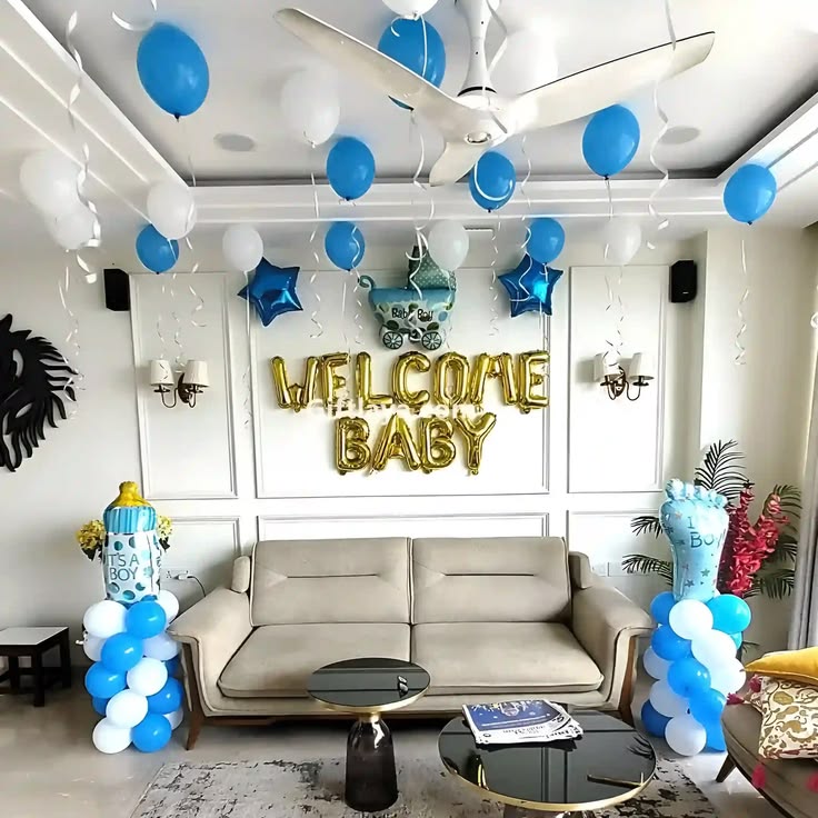 Simple Blue Ceiling Balloon Welcome Baby Setup