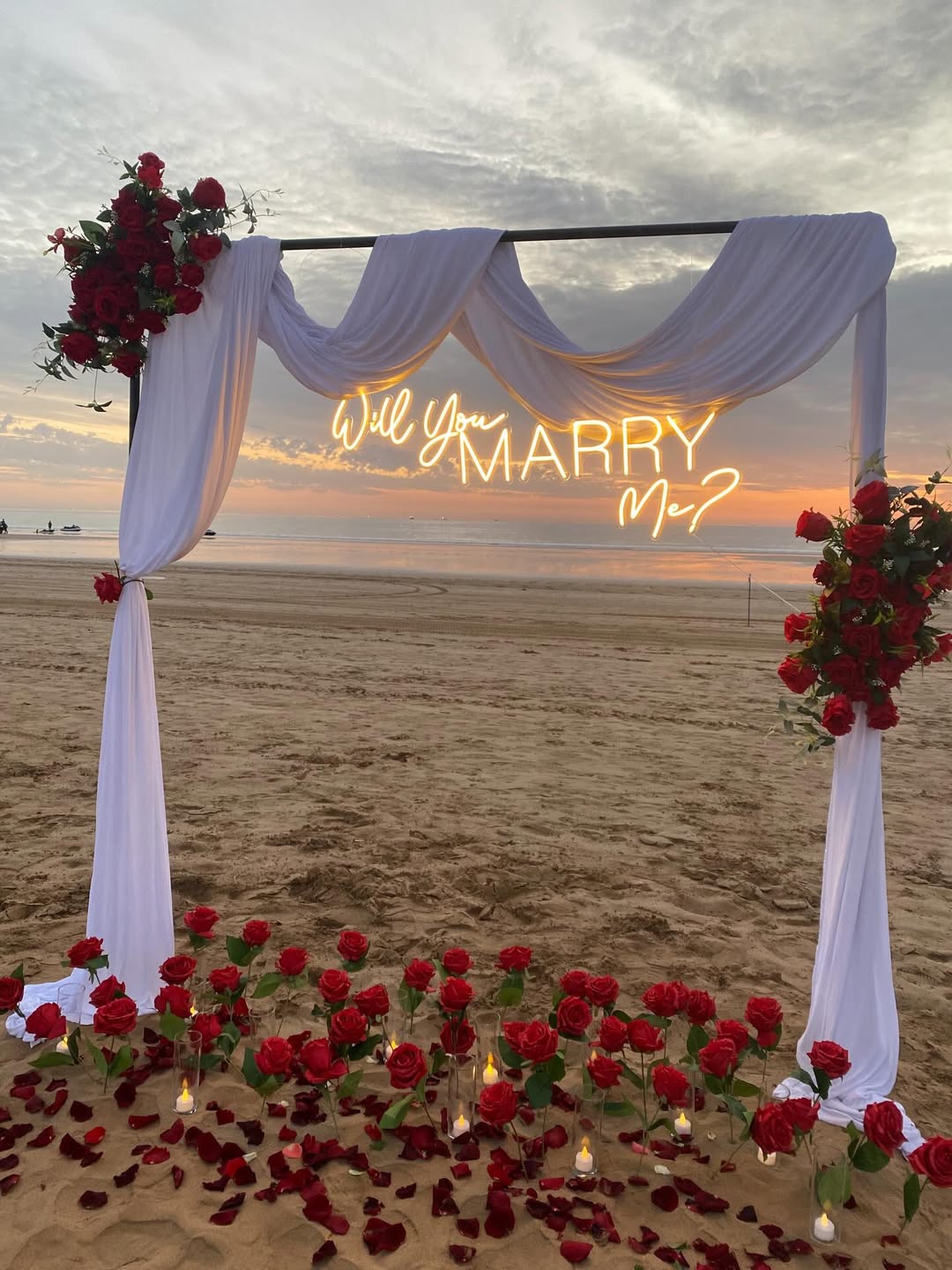 Beach Sunset Drape Arch with Rose Aisle Proposal