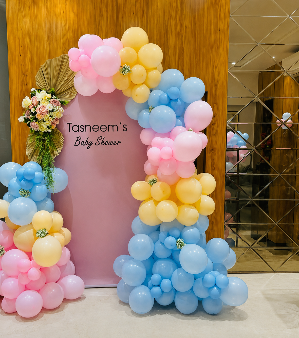 Custom Name Pastel Arch Backdrop with Floral & Palm Accents