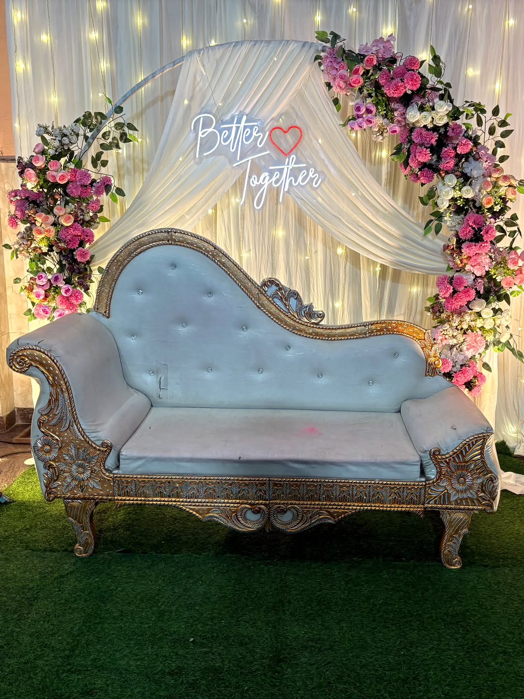 Fairy Drape Floral Arch Engagement Setup