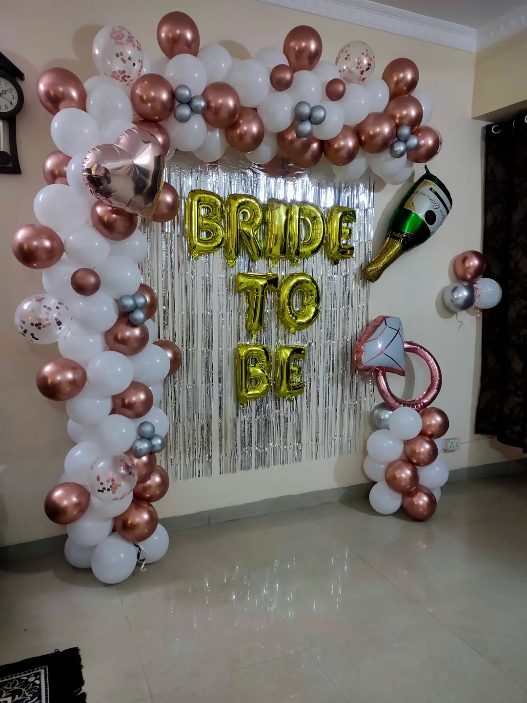 Rose Gold & White 'BRIDE TO BE' Silver Fringe Setup