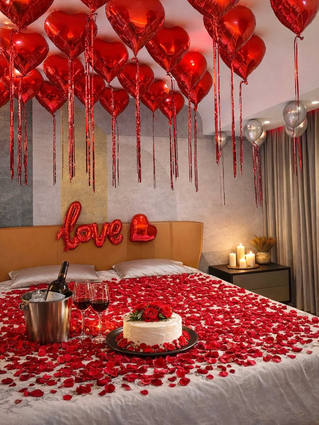 Red Heart Ceiling & Rose Petal Cake Table Room