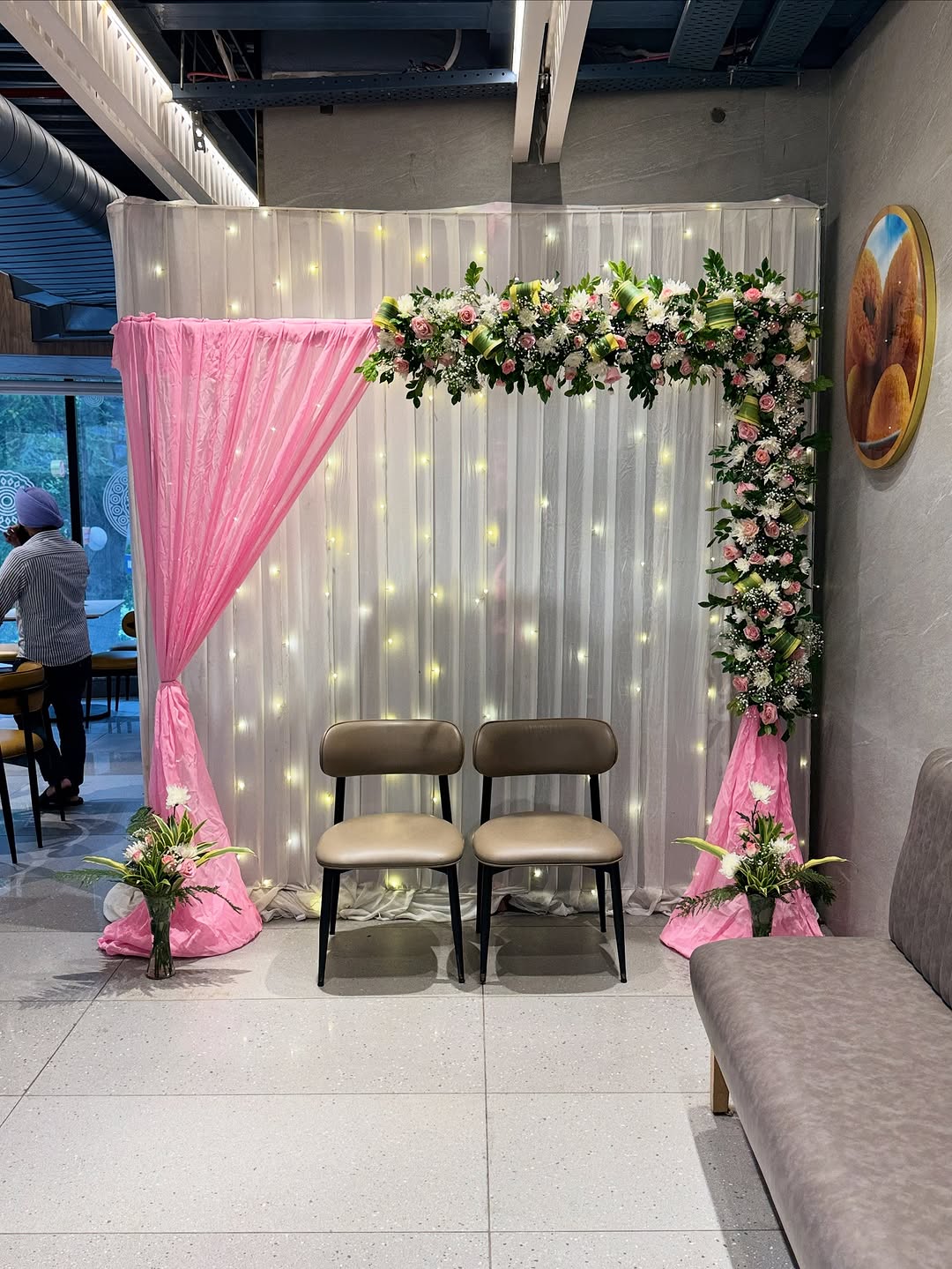 Pink Drape Lily Corner Engagement Arch