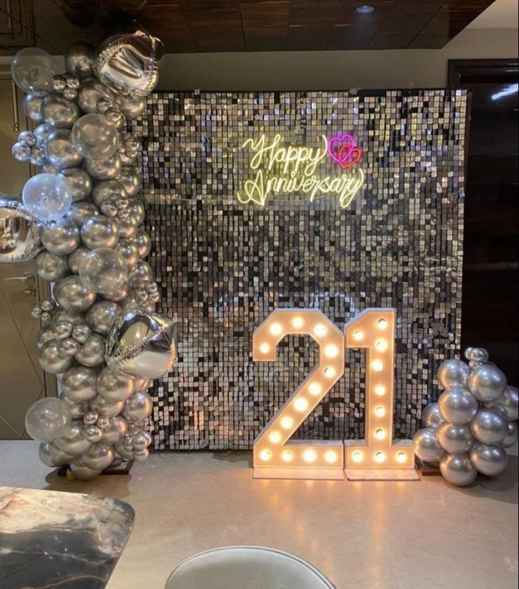 21st Silver Sequin Shimmer Wall with Marquee 21