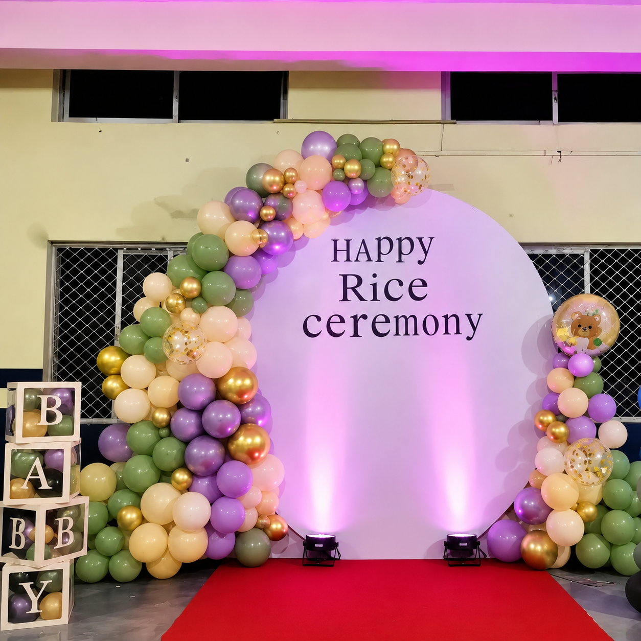'Happy Rice Ceremony' Sage, Lilac & Gold Round Arch