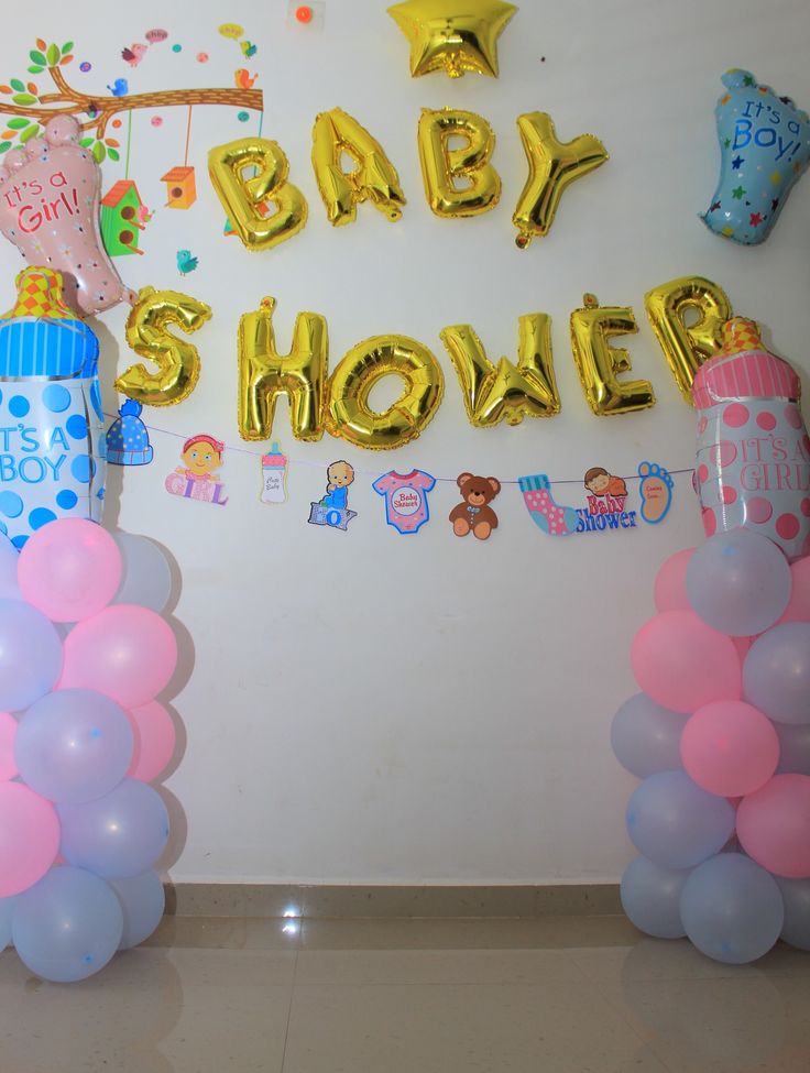 Simple 'BABY SHOWER' Gold Foil Letters with Pink & Blue Columns
