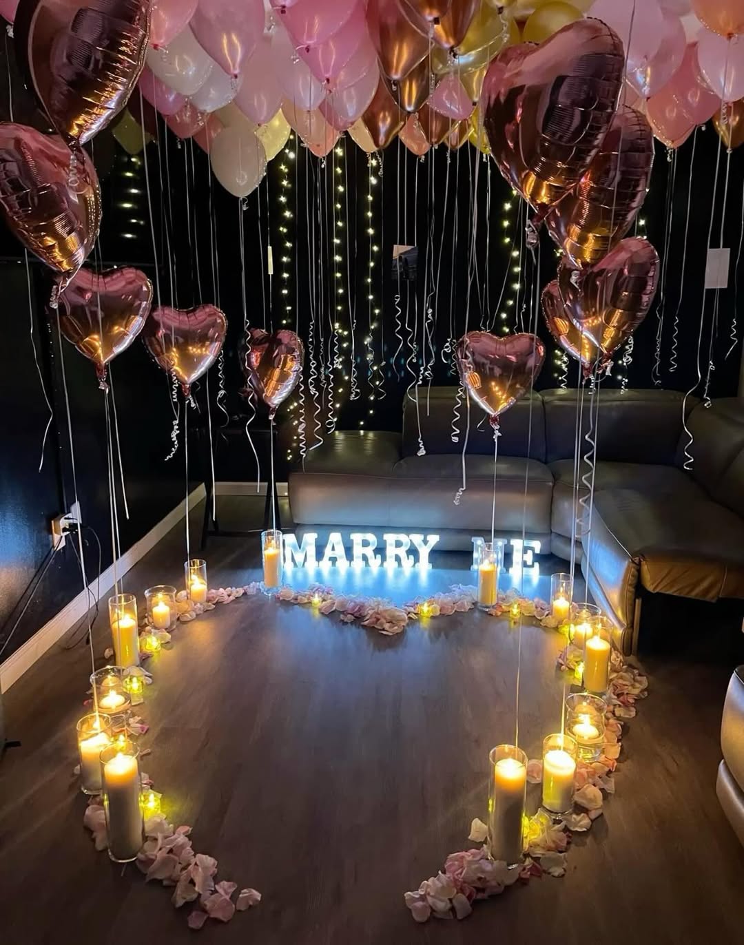 Rose Gold Ceiling Balloons with 'MARRY ME' Candle Heart