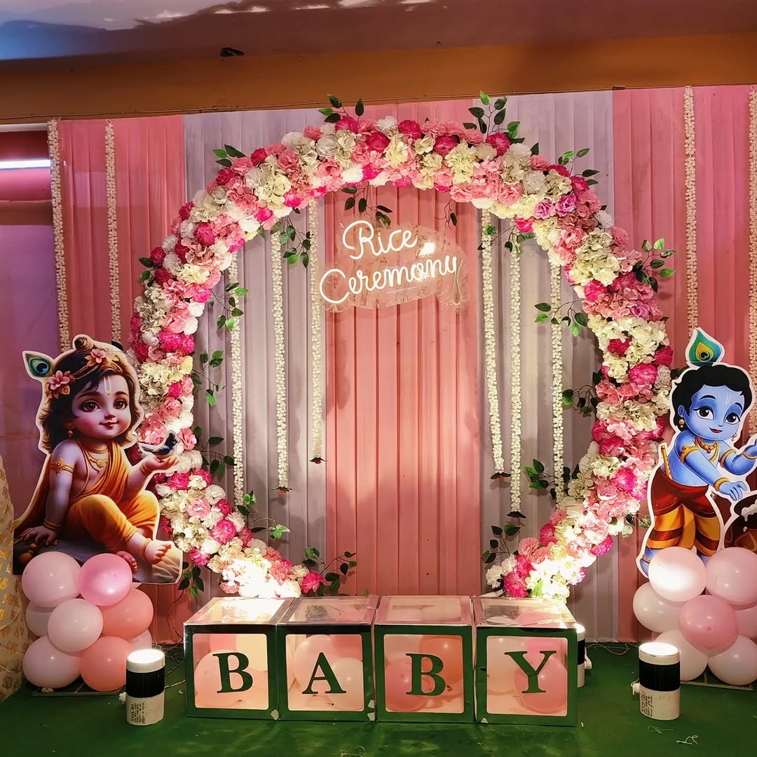 Pink Floral Ring Rice Ceremony with Krishna
