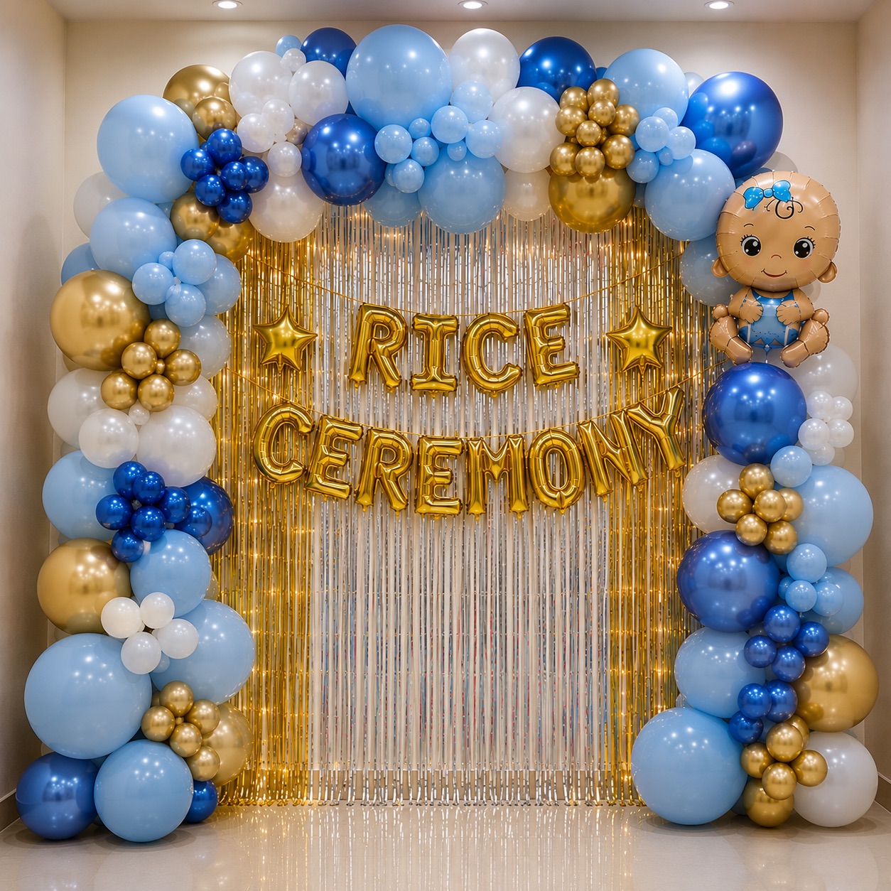 Navy Blue, Sky Blue & Gold 'Rice Ceremony' Arch