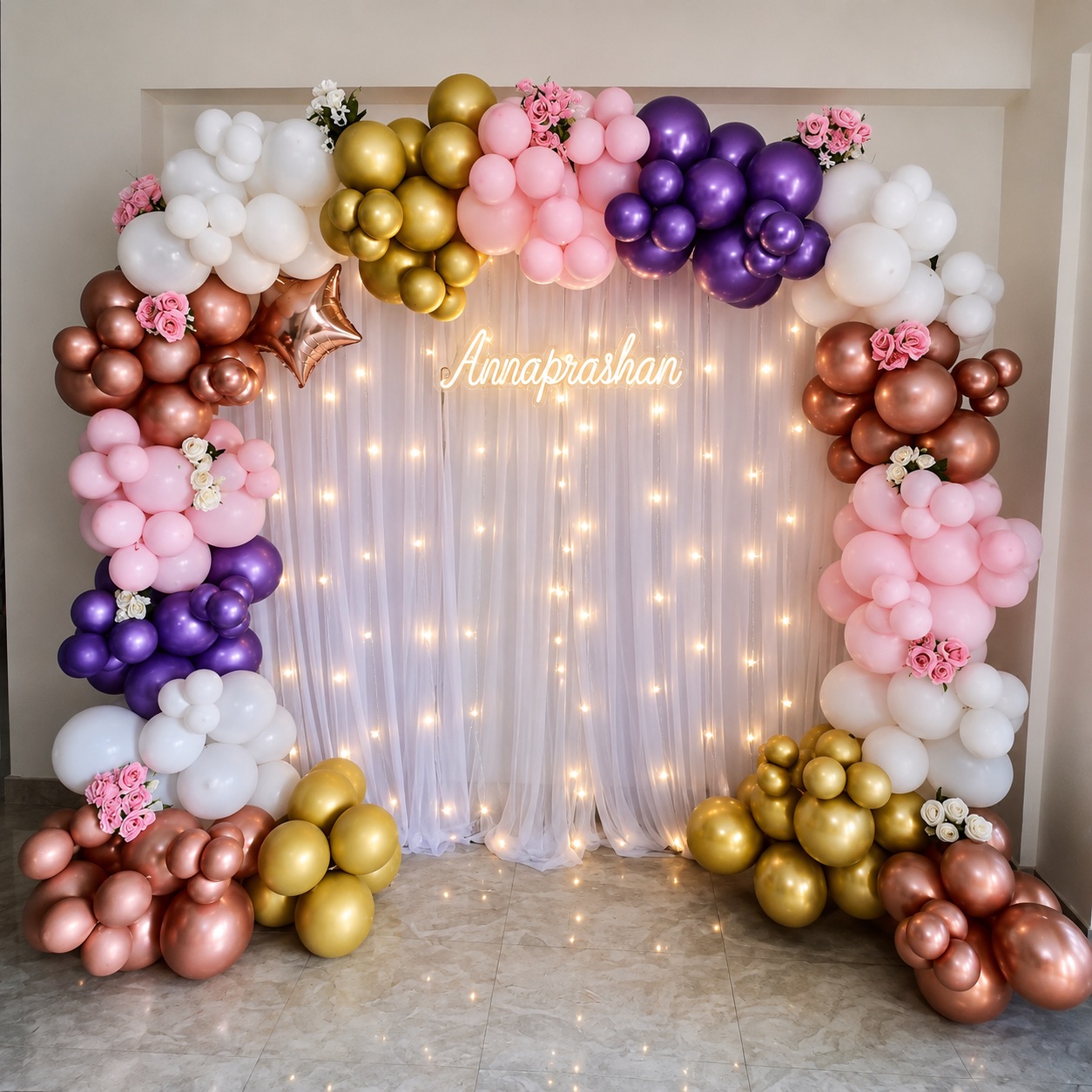 Rose-Gold & Purple 'Annaprashan' Fairy-Light Arch