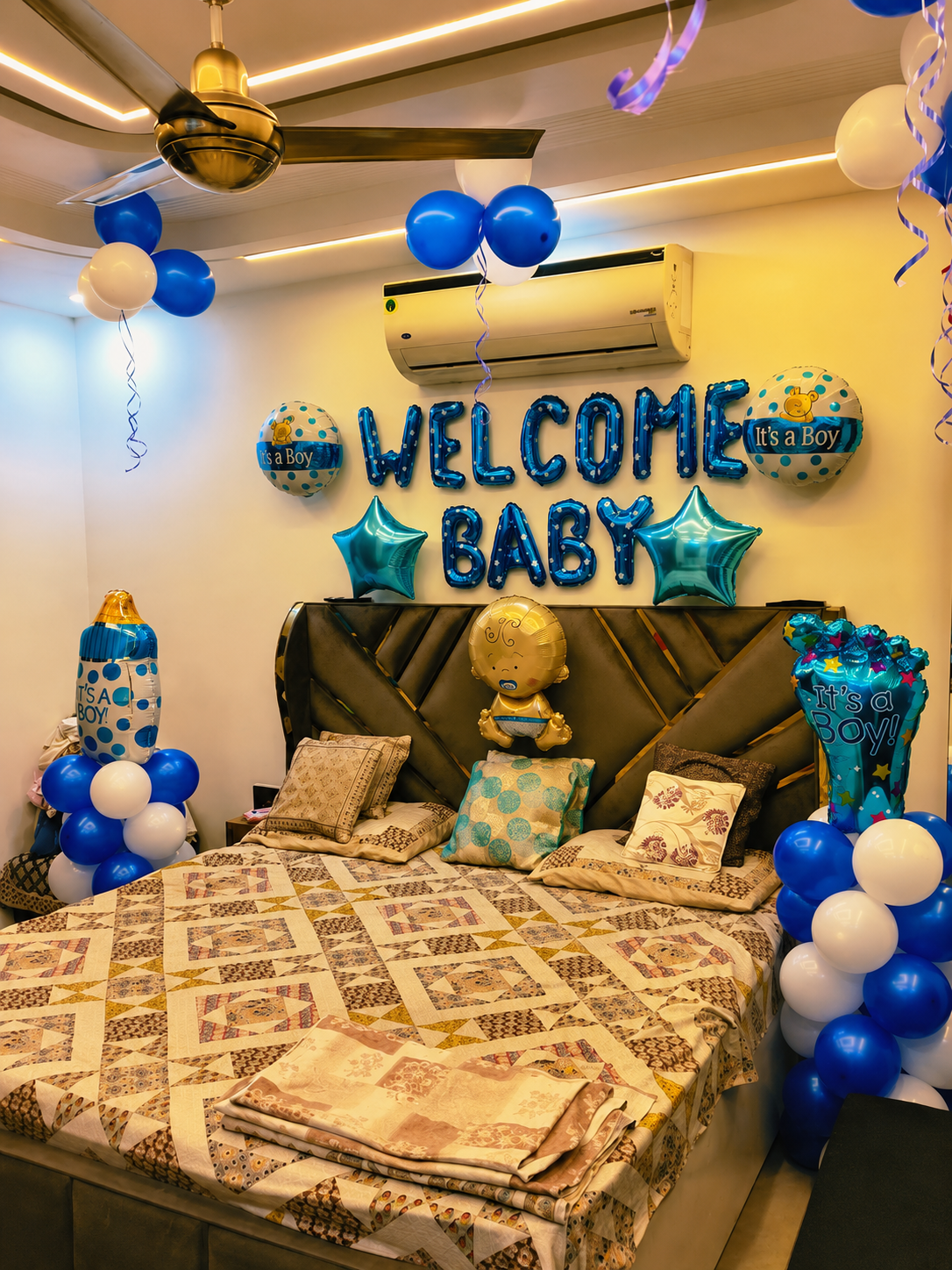 Blue 'Welcome Baby' Bedroom Foil Setup