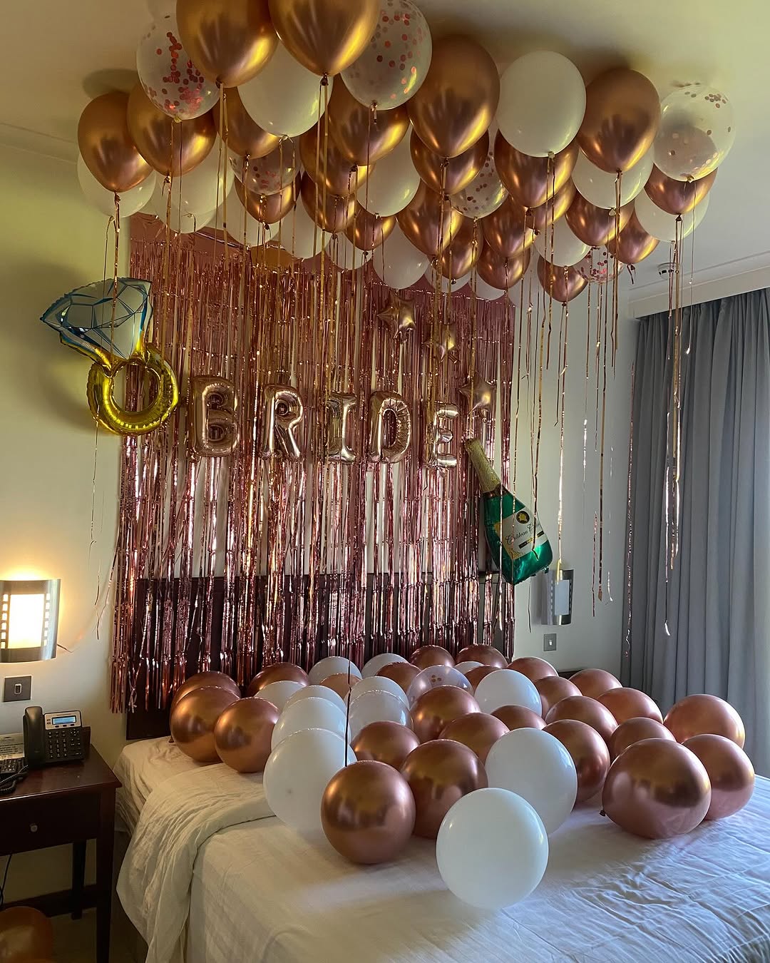 Rose Gold Fringe 'BRIDE' Hotel Room Setup
