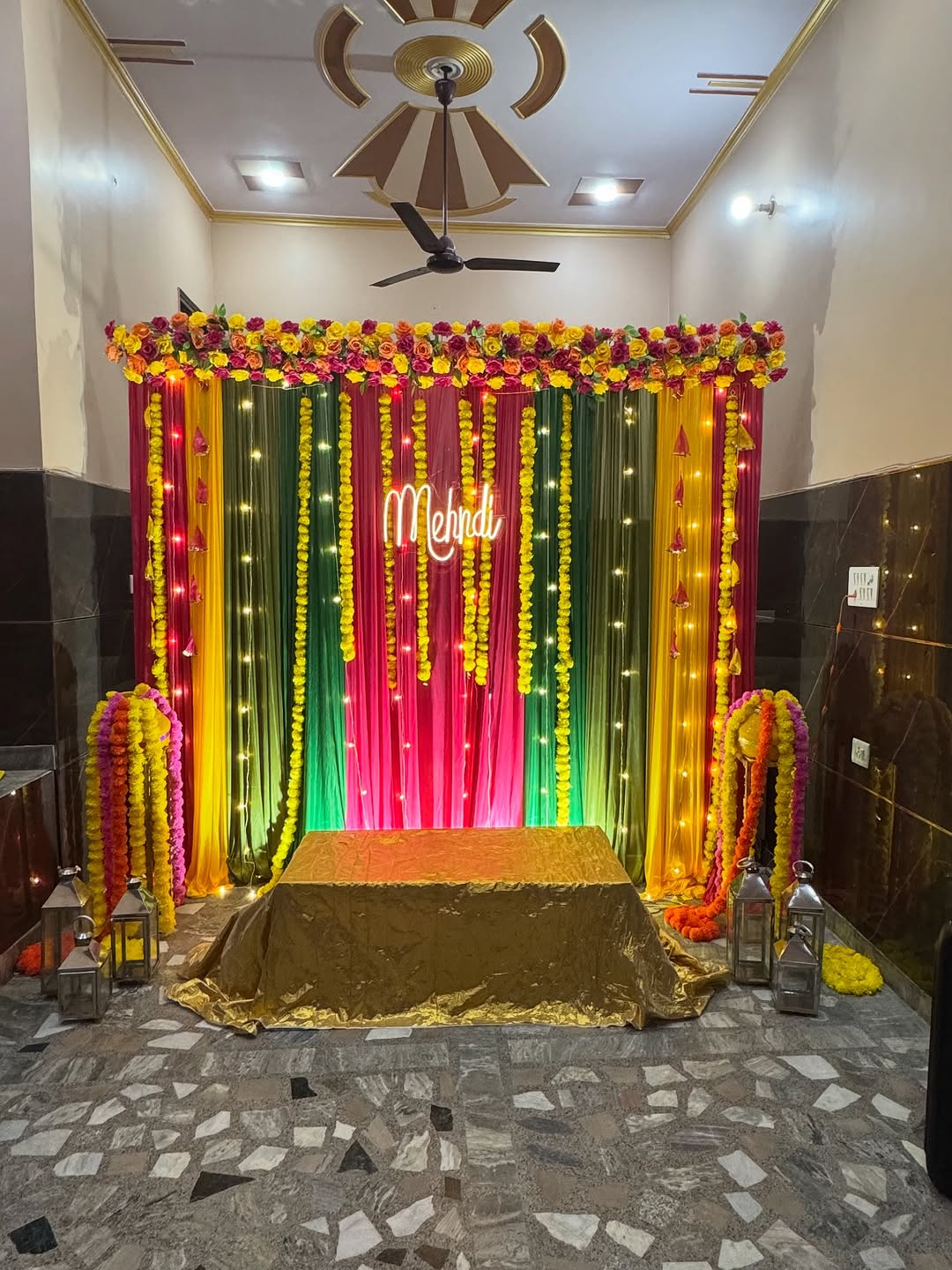 Neon Rainbow Marigold Mehendi Stage