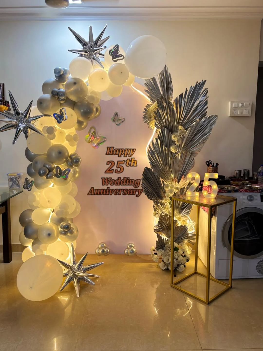 25th Silver, White & Dried Palm Arch