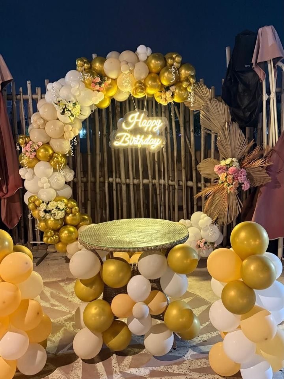 Gold Neon Ring with Bamboo Backdrop
