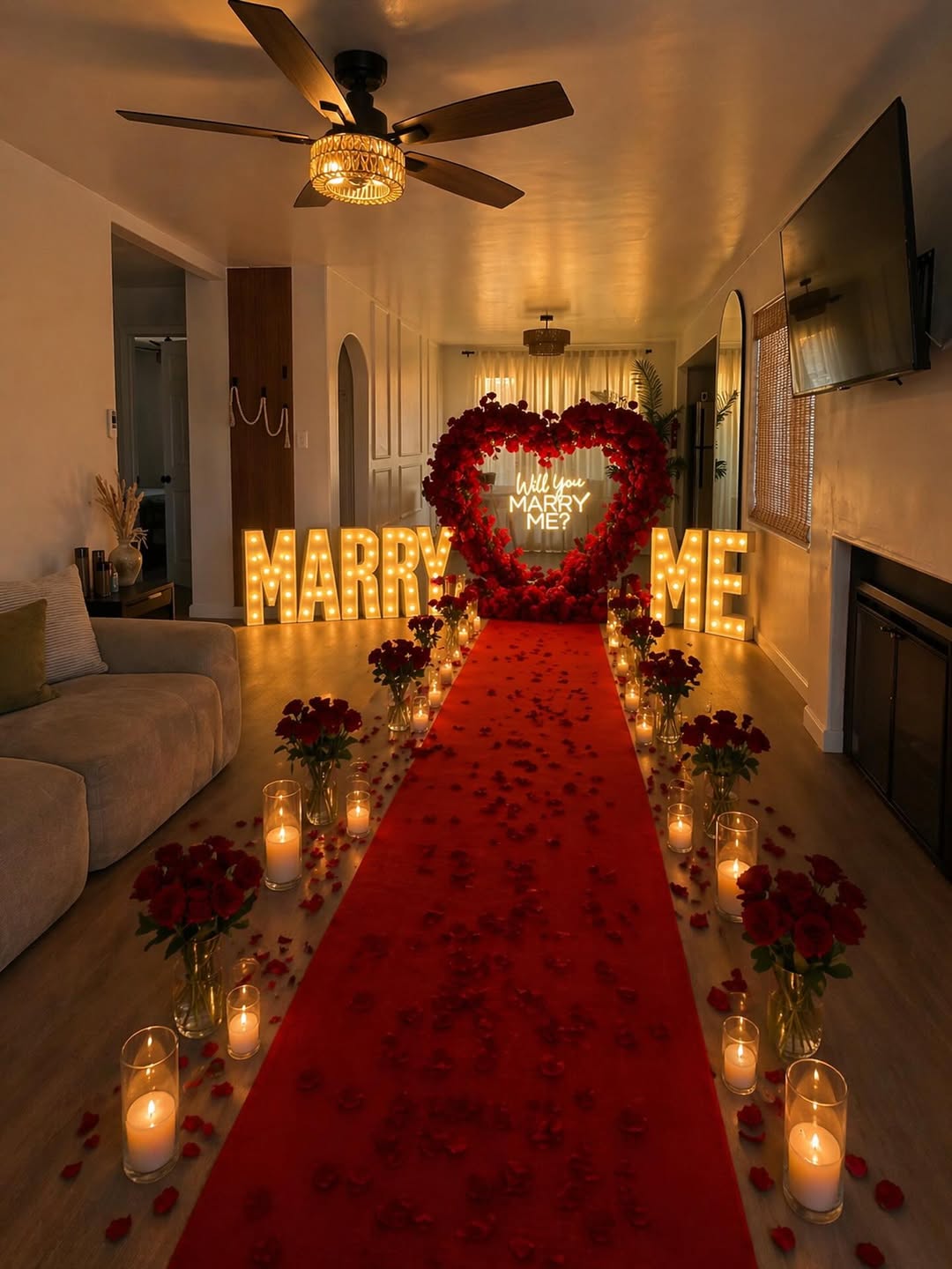 Indoor 'MARRY ME' Marquee & Red Carpet Aisle