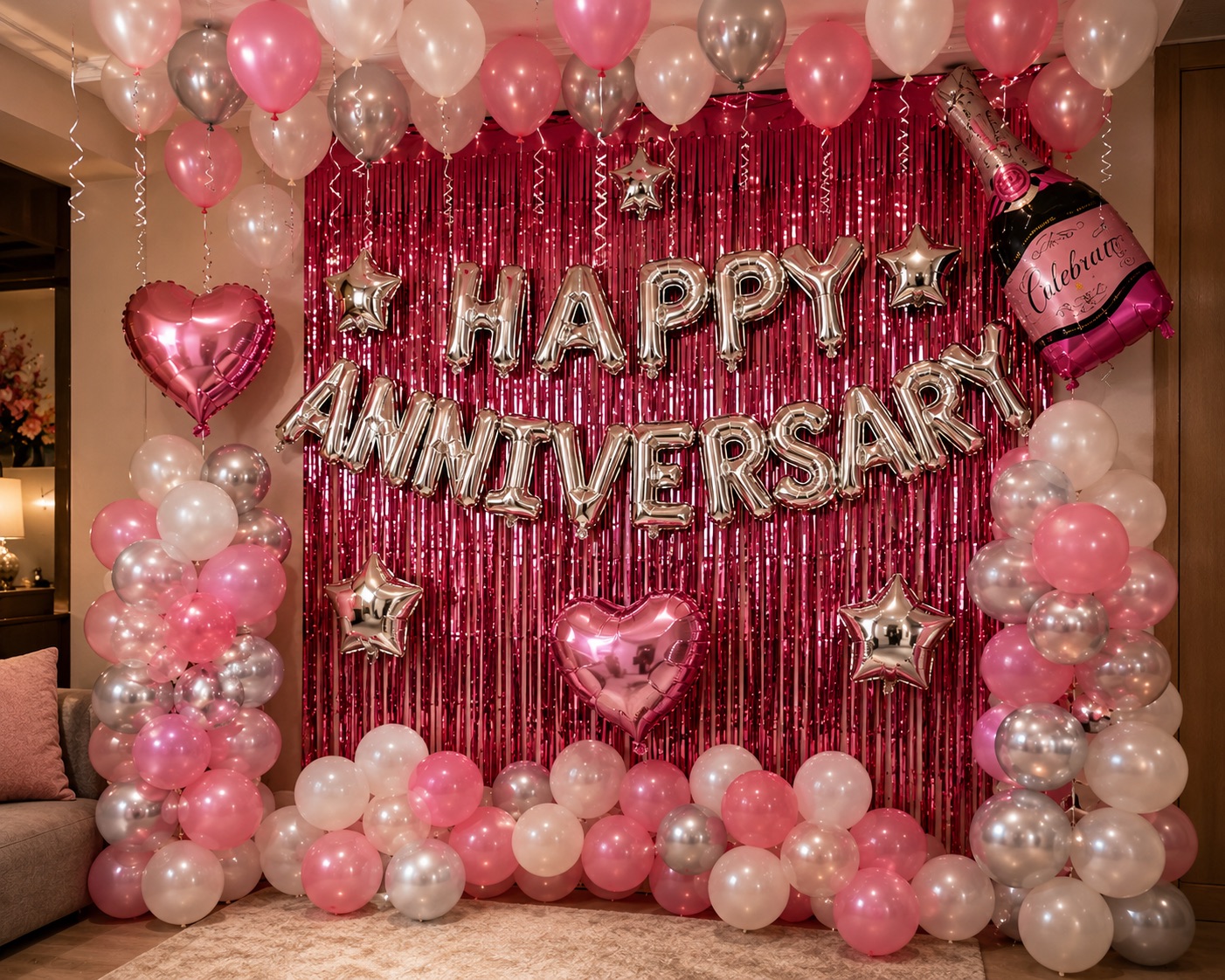 Pink Foil HAPPY ANNIVERSARY with Champagne