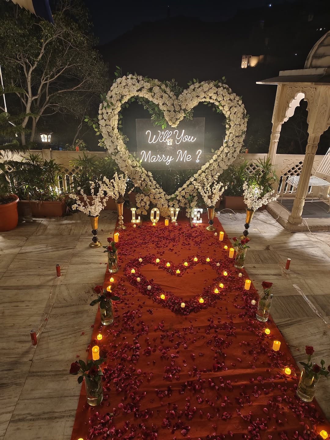 White Rose Heart Terrace Proposal with LOVE Letters