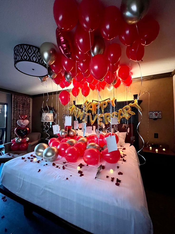 Happy Anniversary Red & Gold Balloon Bed