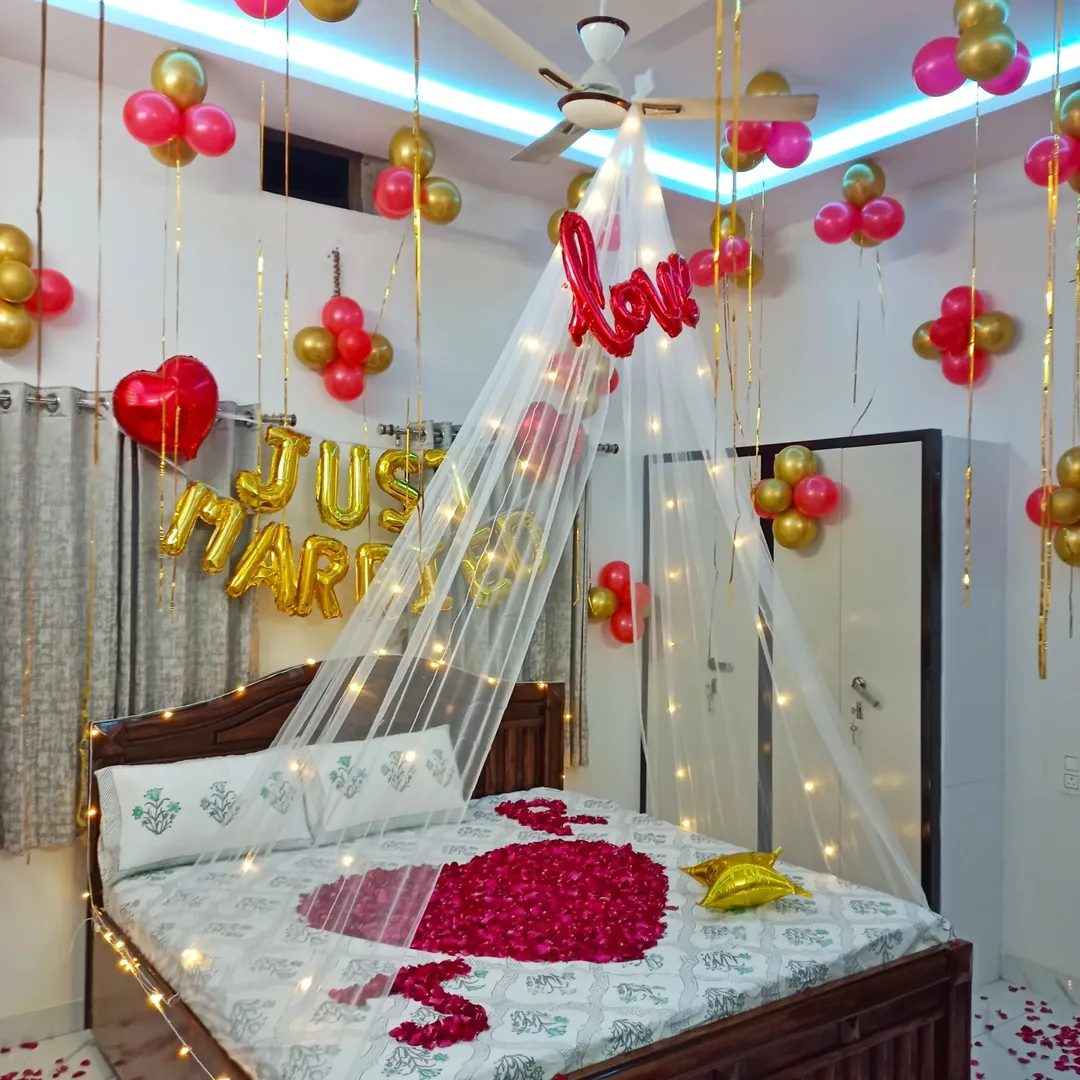 Just Married Pink & Gold First Night Room