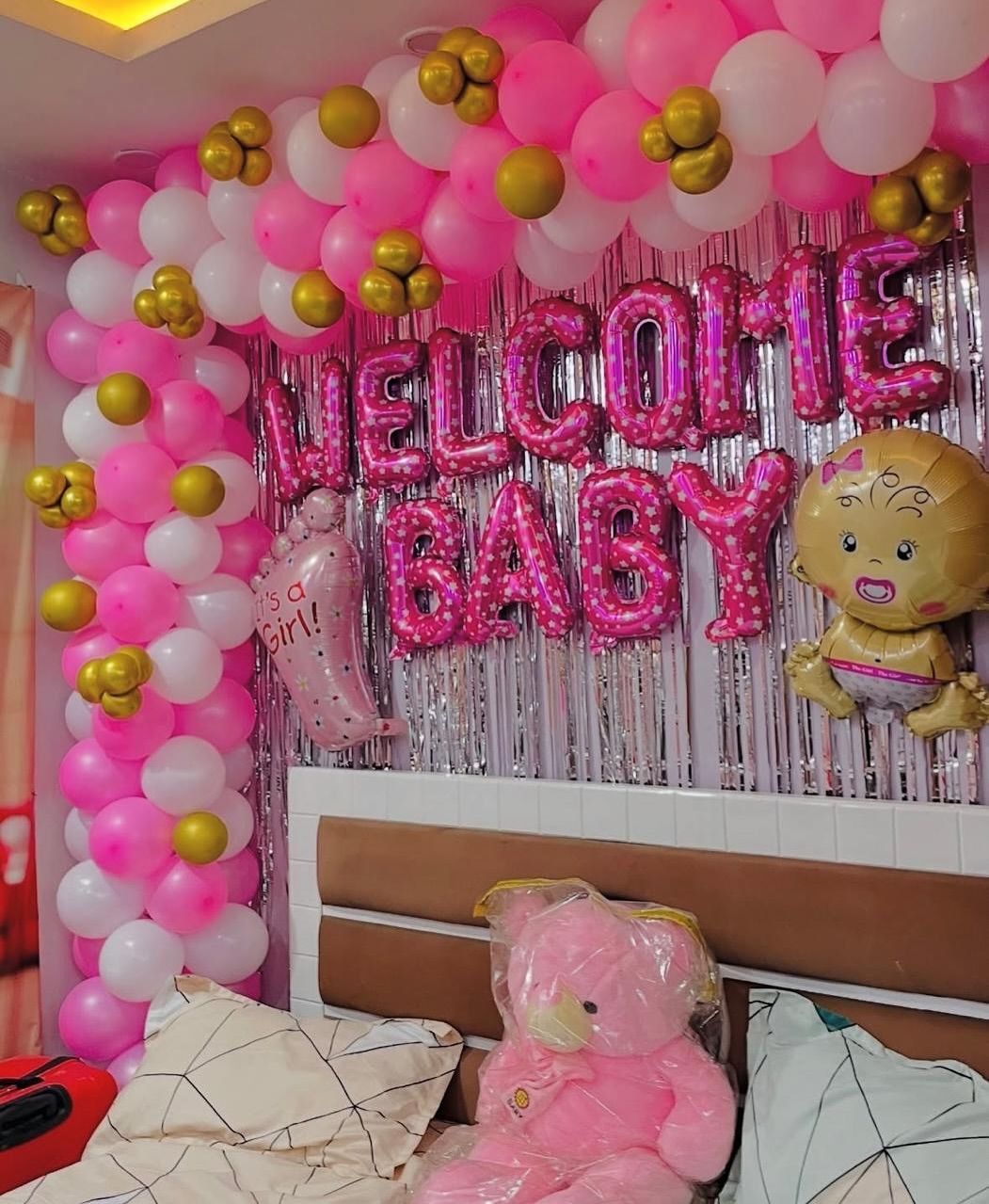 Pink & Gold 'Welcome Baby' Foil on Silver Curtain