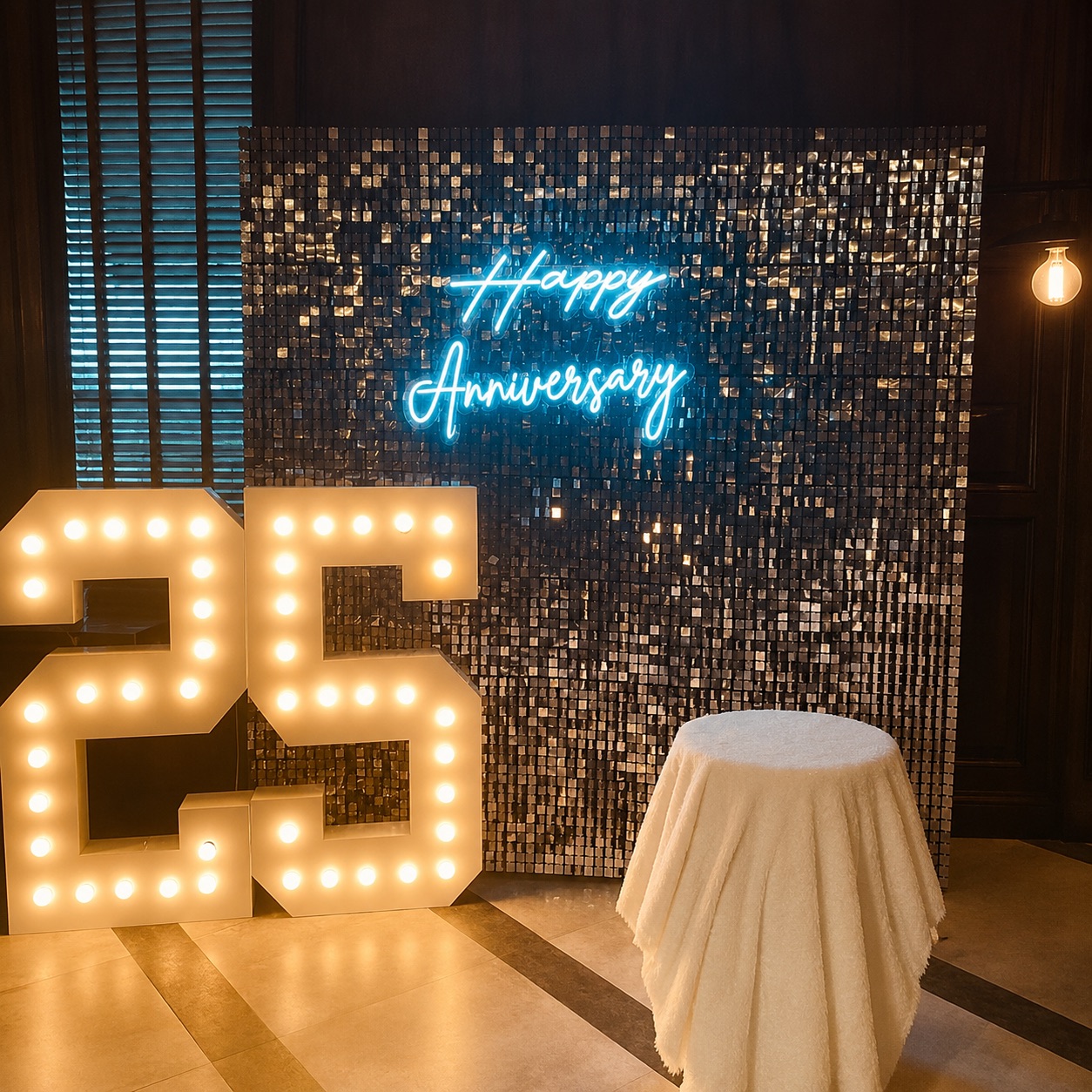 Black Sequin Shimmer Wall with Neon & Marquee 25