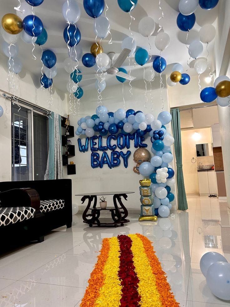 Blue Chrome 'Welcome Baby' Hall Arch with Flower Path