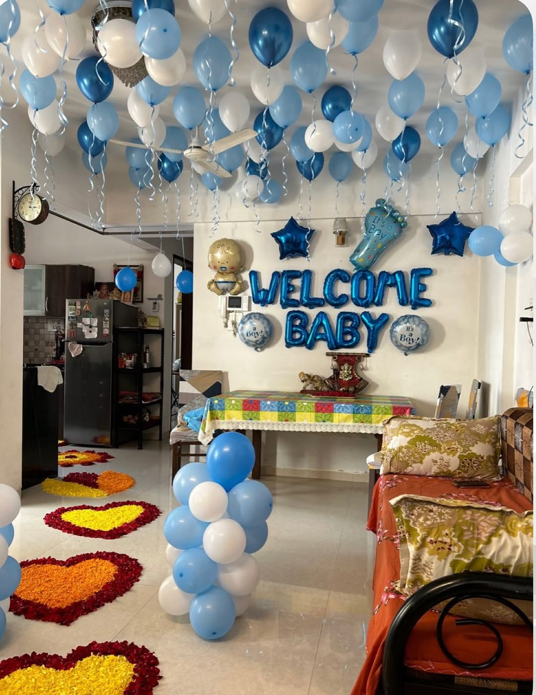 Blue Ceiling Balloons 'Welcome Baby' Boy Setup with Petal Path